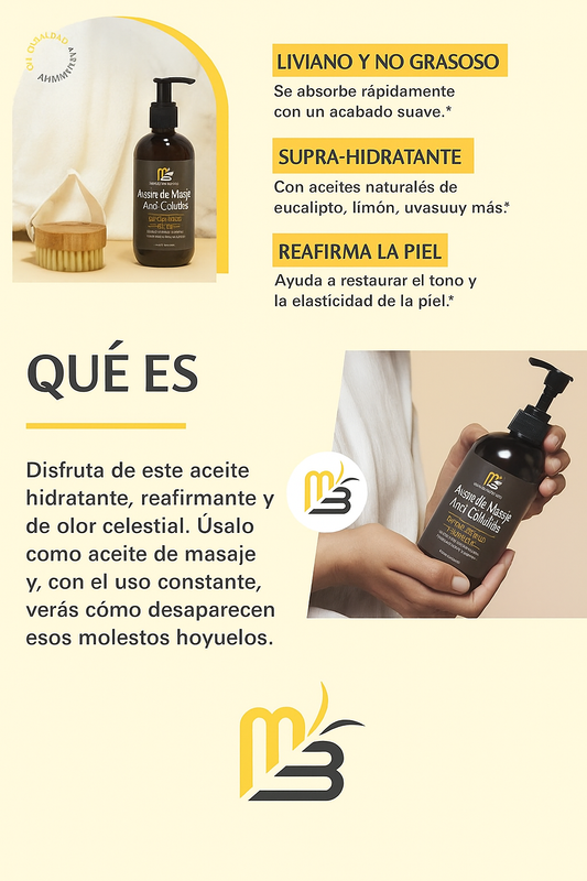 Aceite de masaje anticelulítico M3 Naturals 250 ml con colágeno y células madre vegetales. Suaviza la celulitis, restaura la textura, elasticidad y calma la piel