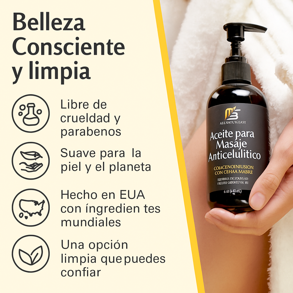 Aceite de masaje anticelulítico M3 Naturals 250 ml con colágeno y células madre vegetales. Suaviza la celulitis, restaura la textura, elasticidad y calma la piel