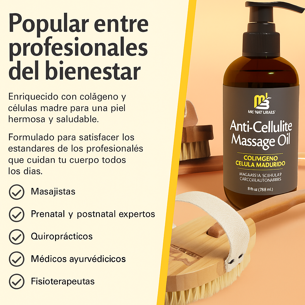 Aceite de masaje anticelulítico M3 Naturals 250 ml con colágeno y células madre vegetales. Suaviza la celulitis, restaura la textura, elasticidad y calma la piel