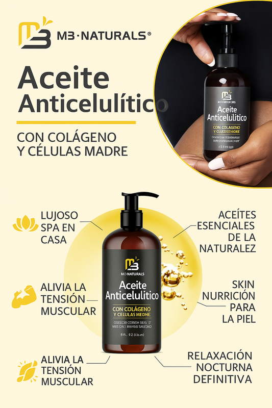 Aceite de masaje anticelulítico M3 Naturals 250 ml con colágeno y células madre vegetales. Suaviza la celulitis, restaura la textura, elasticidad y calma la piel