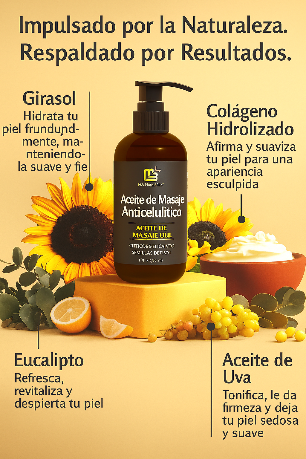 Aceite de masaje anticelulítico M3 Naturals 250 ml con colágeno y células madre vegetales. Suaviza la celulitis, restaura la textura, elasticidad y calma la piel